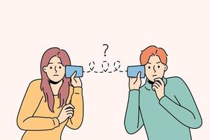 Unhappy couple suffer from communication problems. Upset man and woman distressed with misunderstanding. Relationships troubles. Vector illustration.