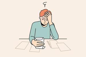 Confused young man sit at table frustrated with bills and expenses. Unhappy guy look at receipts shocked distressed with expenditure and taxes. Vector illustration.