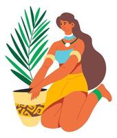 Woman planting exotic foliage florist composition vector