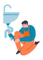 Plumber dealing with sink pipe leakage problem vector