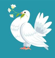 Dove carrying flower branch in beak, symbol peace vector