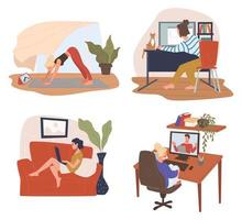 Leisure at home, doing yoga browsing on internet vector