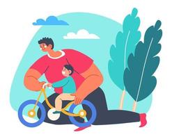 padre enseñando a su hijo a andar en bicicleta al aire libre divertido vector