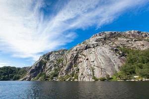 Norway, Scandinavia. Beautiful landscape on the lake shore middle of the stone mountains. blue sky photo