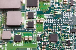 Close up of electronic components on the motherboard, microprocessor chip photo