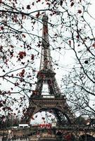 parís, torre eiffel a través de ramas de árboles en tiempo nublado. foto