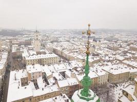 Ukraine, Lviv city center, old architecture, drone photo, bird's eye view in winter photo