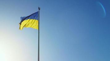 bandeira de câmera lenta da ucrânia balançando ao vento contra um céu sem nuvens ao amanhecer do dia. O símbolo nacional ucraniano do país é azul e amarelo. laço de bandeira com textura de tecido detalhada. video