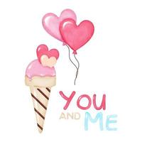 Valentine's Day Vector Set. Pink Valentine's Day design objects set for cards, banners or posters. Ice cream with hearts, balloons and the phrase Me and You in watercolor style.