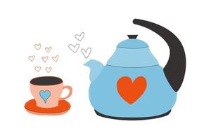 Cute teapot and cup with hearts. Vector flat illustration. Lovely aromatic beverage for romantic greeting card. Celebrating love holiday with romantic feeling vector illustration