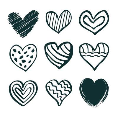 Set of unique hand drawn hearts. Design elements, coloring.