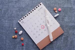 Pregnancy test kit on a calendar close up photo