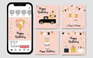 Happy Birthday Party Social Media Post Template Flat Cartoon Background Vector Illustration