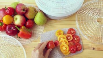 donna fette maturo pomodori su tavola per ulteriore essiccazione nel un' frutta disidratazione macchina. ragazza mani tagliare rosso pomodoro con un' coltello a di legno tavolo nel cucina, peperoni, mele e pere menzogna nel il sfondo. video