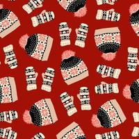 Knitted mittens and hats. Winter time. Seamless pattern. Textile, fabric, print. Red background. Ornaments and hearts. Love day. Cute things. vector