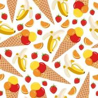 Ice cream desserts seamless pattern. Frozen and cold. Summer time. Banana, orange flavors. Isolated on white background. Print, textile, fabric, wrapping paper. Three scoops of ice cream. Waffle. vector