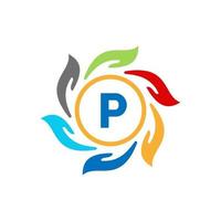 letra p logotipo de caridad cuidado de manos y logotipo de fundación, símbolo de unidad vector