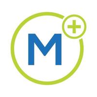 plantilla de logotipo médico de símbolo de atención médica de letra m. logotipo de médicos con signo de estetoscopio vector