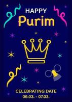 Afiche de la fiesta Purim con corona y máscara de bigote divertida, texto, confeti y estrellas decorativas, pancarta vectorial, invitación, plantilla, tarjeta de felicitación. vector