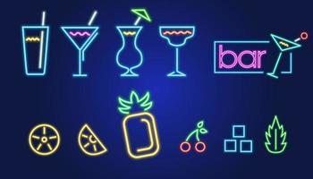 Group of vector neon icons with bar glasses and fruits, bar neon signs and symbols, oranges, pineapple, cherry, glass with cocktails, mint and ice.