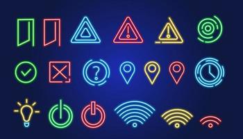 Set of vector neon glowing icons of exit, wi-fi, geo, lamp, on and off, Group on neon signs for web, apps, print.