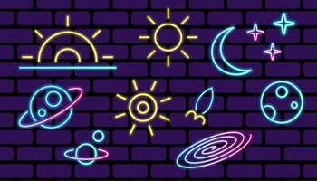 Group of simple space glowing neon icons of planets, sun, moon and stars, vector space glowing illustrations.