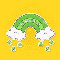 Sticker Green Rainbow with the Inscription Good Luck and a Rain of Clover Leaves vector