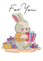 cute cartoon rabbit gives a gift on a card for a valentine's day greeting or just a birthday. vertical template for printing vector