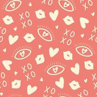 Seamless pattern of romantic elements for Valentine's Day isolated on a red background. Modern hand drawn vector illustration.