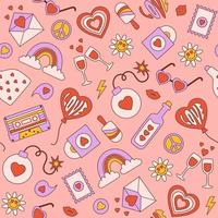 Groovy romantic seamless pattern in trendy retro 60s 70s cartoon style. Vector background in pastel colors.