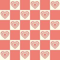 Monochrome seamless pattern with hearts shaped tunnel on a checkered background. Modern retro hippie illustration for decoration. Aesthetic vector print in style 60s, 70s