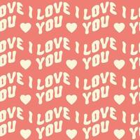Romantic seamless pattern with wavy horizontal text I Love You on a red background. Retro vintage print in style 70s, 80s. Vector illustration