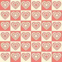 Monochrome seamless pattern with hearts shaped tunnel on a checkered background. Modern retro hippie illustration for decoration. Aesthetic vector print in style 60s, 70s