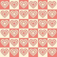 Monochrome seamless pattern with hearts shaped tunnel on a checkered background. Modern retro hippie illustration for decoration. Aesthetic vector print in style 60s, 70s