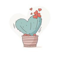 hand drawn illustration of heart shaped cactus with flower vector