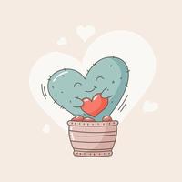 Hand drawn vector illustration of a cute funny cactus in pot, holding a heart. Line drawing. Design concept for postcard.