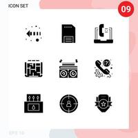 9 Thematic Vector Solid Glyphs and Editable Symbols of music building communication blueprint service Editable Vector Design Elements