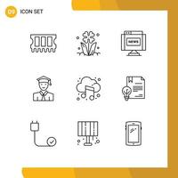 Editable Vector Line Pack of 9 Simple Outlines of cloud learning communications graduate student Editable Vector Design Elements