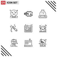 9 User Interface Outline Pack of modern Signs and Symbols of treatment syringe payments injection hike Editable Vector Design Elements