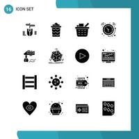 Group of 16 Solid Glyphs Signs and Symbols for manual mixer checkout watch clock Editable Vector Design Elements