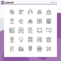 Pack of 25 Modern Lines Signs and Symbols for Web Print Media such as pins game jump rope bowling music Editable Vector Design Elements