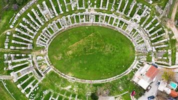 Aerial drone view of the Amphitheatre of Salona at Solin, Croatia.  Roman ruins. Places of historic interest. Travel and discover history and culture. Ruins and archaeological site. video