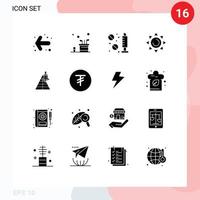 Group of 16 Modern Solid Glyphs Set for aircraft space drug sun beach Editable Vector Design Elements