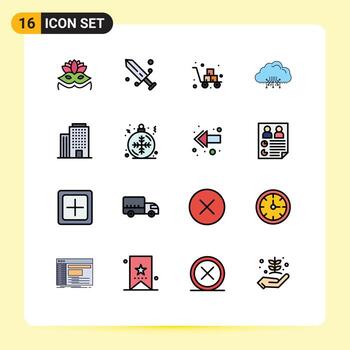 16 Universal Flat Color Filled Line Signs Symbols of building hosting cart data cloud Editable Creative Vector Design Elements