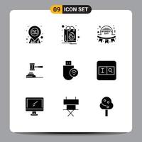 Set of 9 Commercial Solid Glyphs pack for gavel auction day action badge Editable Vector Design Elements