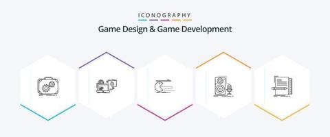 paquete de iconos de 25 líneas de diseño y desarrollo de juegos que incluye micrófono. En Vivo. publicar. pac-man juego vector