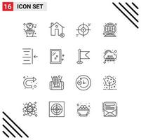 Set of 16 Modern UI Icons Symbols Signs for indent worldwide crosshair globe target Editable Vector Design Elements