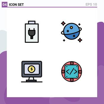 paquete de interfaz de usuario de 4 colores planos básicos de línea rellena de código de batería implementación de monitor planetario elementos de diseño vectorial editables vector