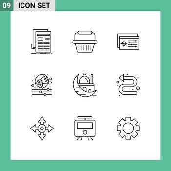 Paquete de 9 esquemas de interfaz de usuario de signos y símbolos modernos de elementos de diseño vectorial editables de objeto de campaña de carrito de gritos islámicos vector