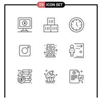 Modern Set of 9 Outlines and symbols such as player audio furniture social instagram Editable Vector Design Elements